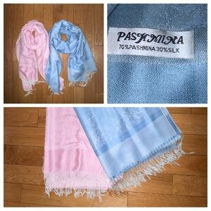 Pashmina Light Pink & Light Blue Paisley Fringe Scarves - 70% Pashmina 30% Silk